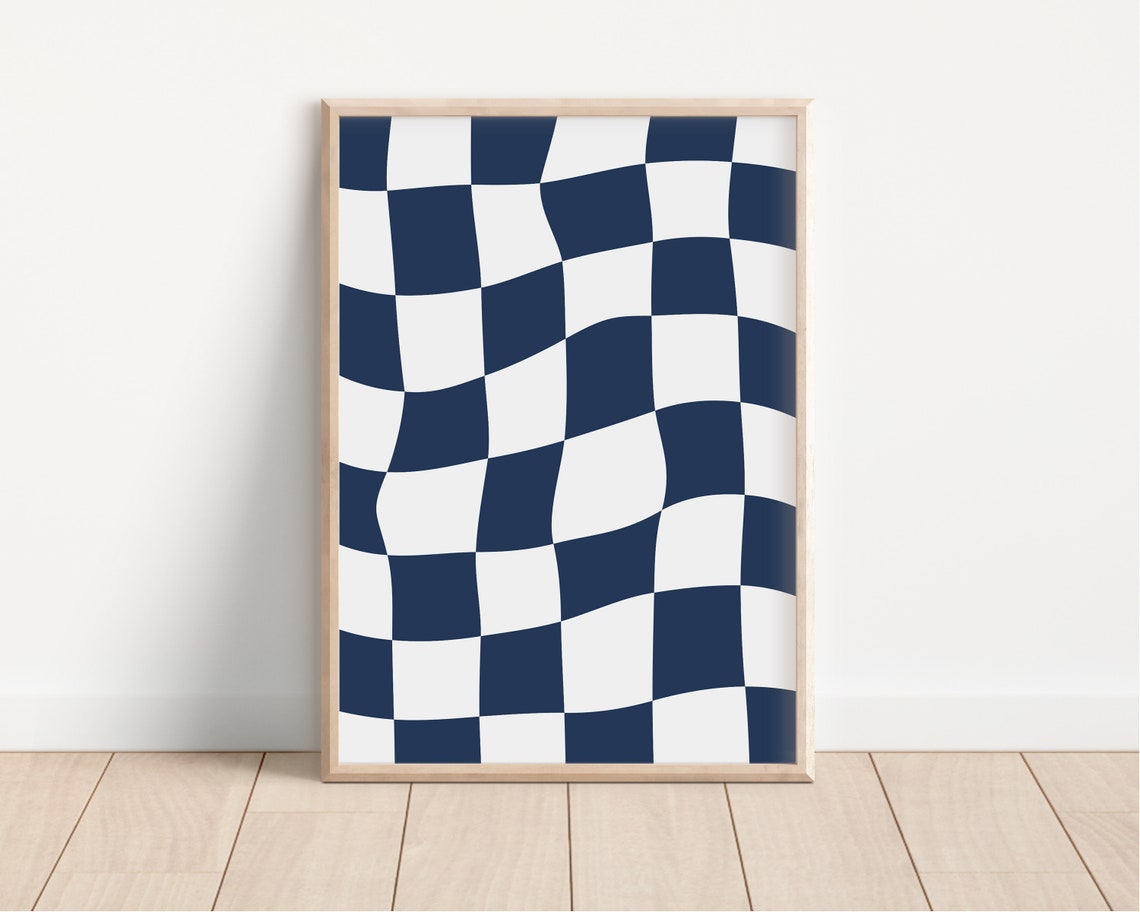 Navy Blue Wavy Checkerboard Trendy Retro Checker Pattern Poster - Image 4