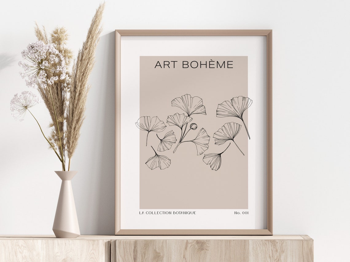 Art Boheme Ginkgo Leaf Botanical Line Drawing French Neutral Print - Image 3