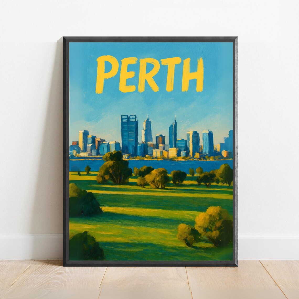 Perth City Skyline Over Green Parklands Australia Travel Poster