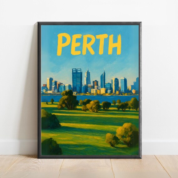 Perth City Skyline Over Green Parklands Australia Travel Poster