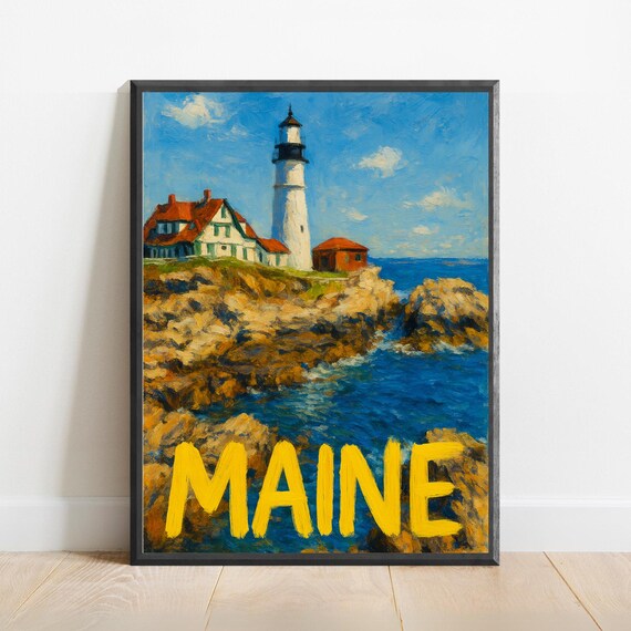 Maine Poster Impressionist Travel Art Print Modern Wall Decor Bold Textured Brushstrokes