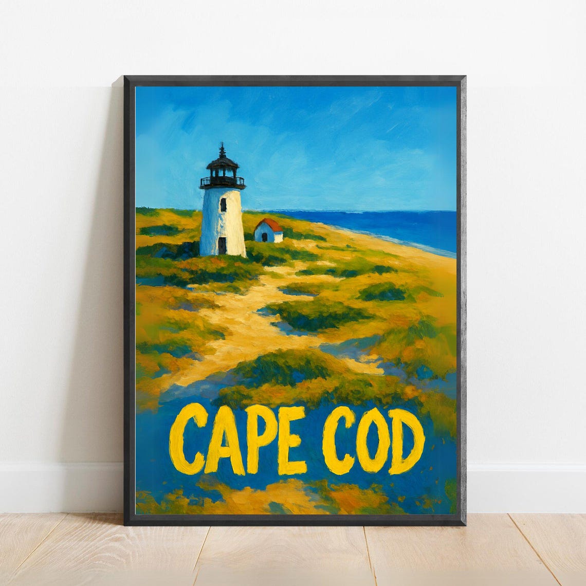 Cape Cod Lighthouse Dunes Seaside Bold Yellow Type Travel Poster