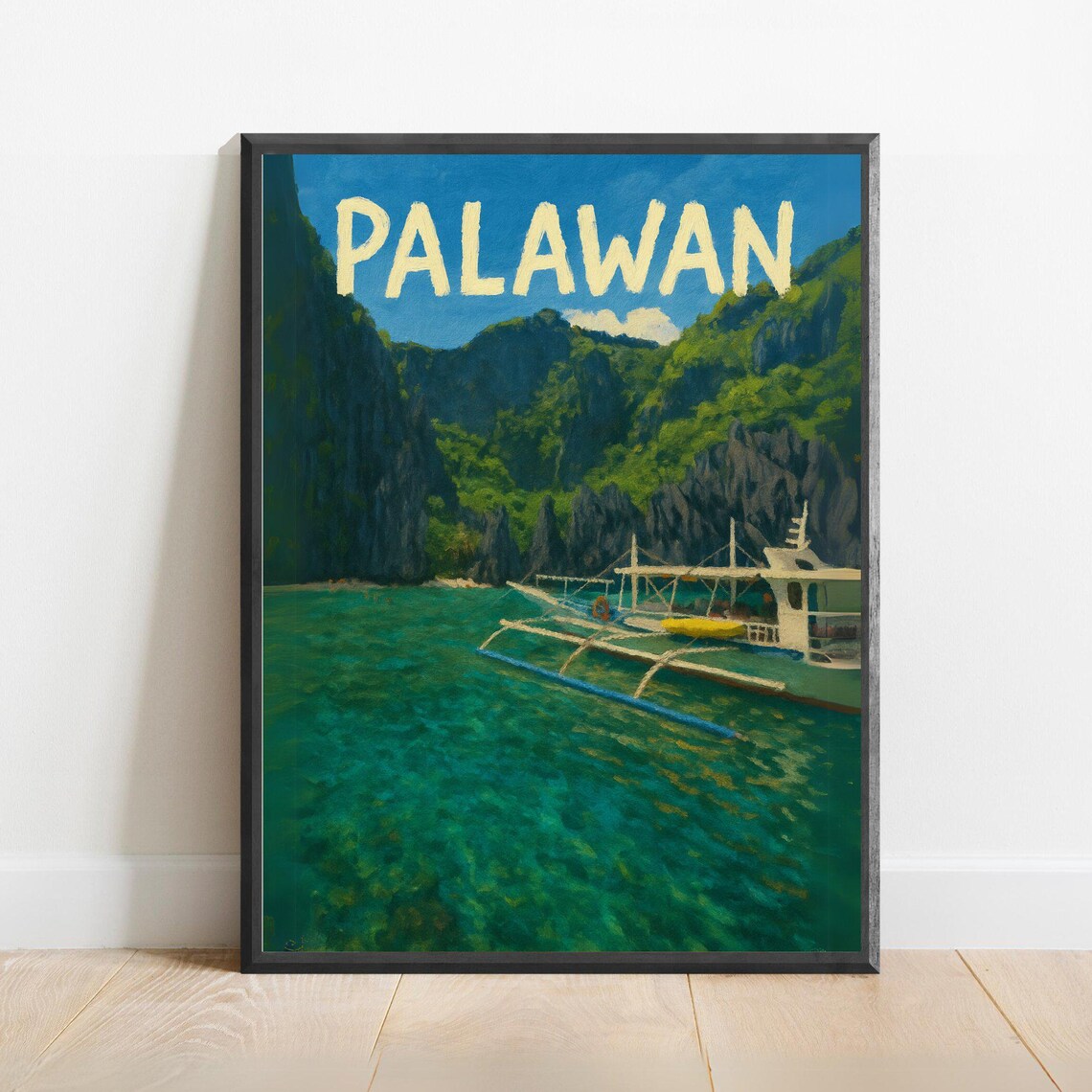 Palawan Philippines Bangka Boat Emerald Lagoon Cliffs Travel Poster