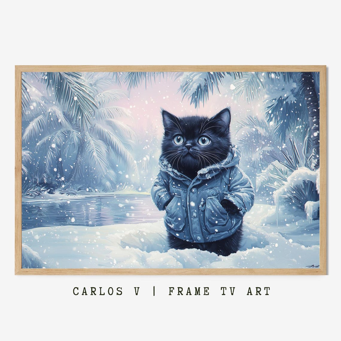 Black Kitten In Blue Winter Coat Among Snowy Palm Trees Poster