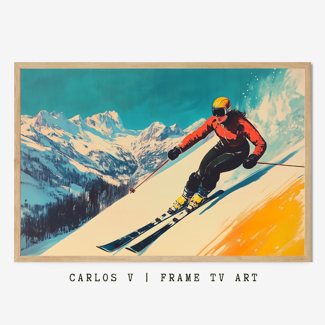 Female Downhill Ski Racer Racing Past Snowcapped Peaks Poster