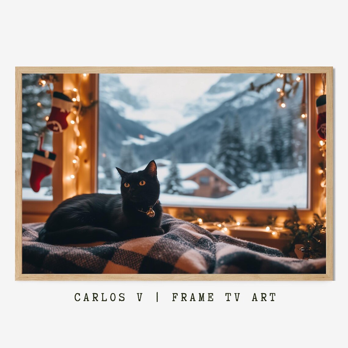 Black Cat Lounging by Winter Window Christmas Lights Illustration Poster