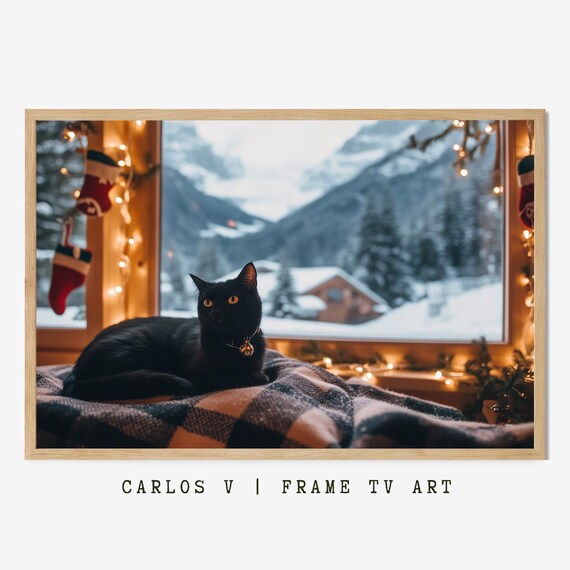 Black Cat Lounging by Winter Window Christmas Lights Illustration Poster