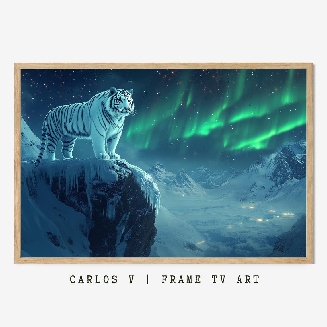 White Tiger on Icy Cliff under Green Aurora Starry Night Poster