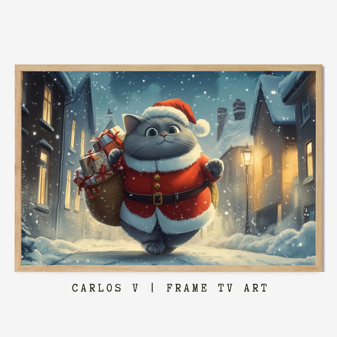 Cheerful Santa Cat In Snow Winter Illustration