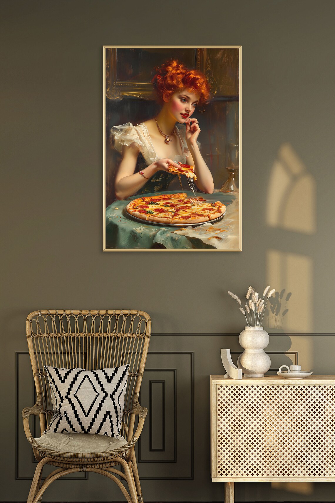 Redhead Woman Eating Pizza Rococo Inspired Oil Painting Poster - Image 2