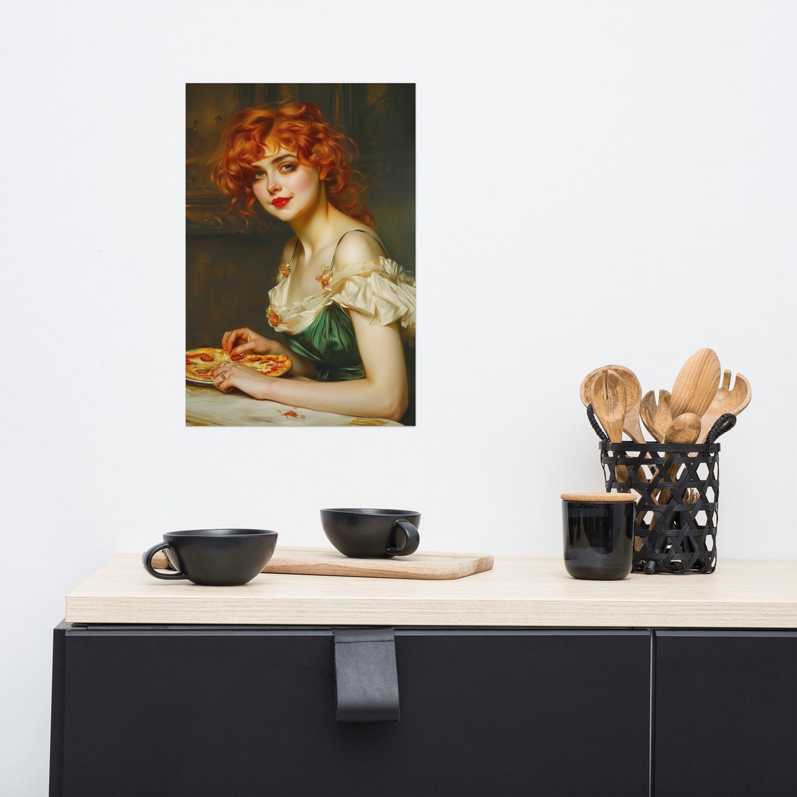 Beautiful Redhead Woman Eating Pizza Classical Oil Portrait Poster - Image 2
