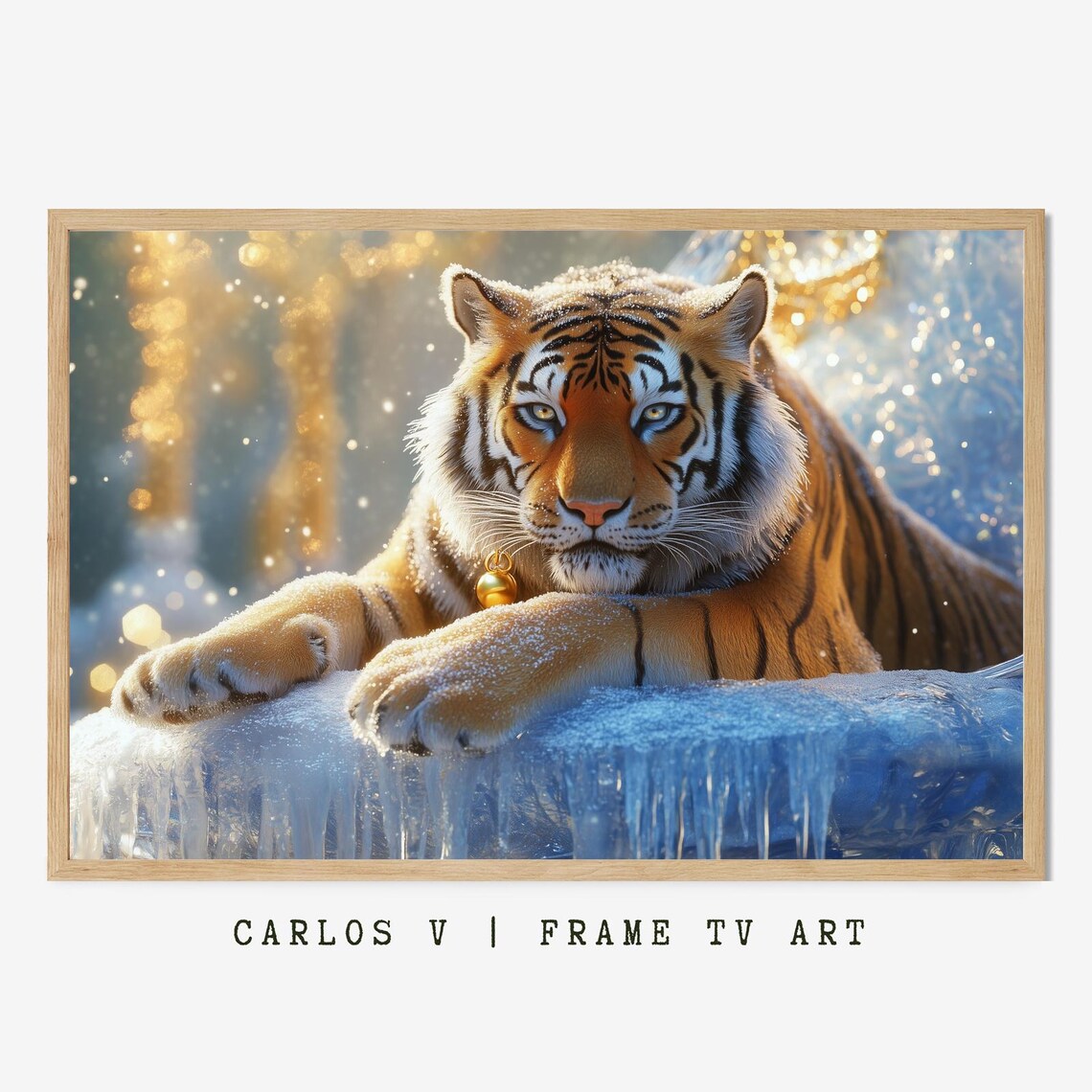 Tiger with Golden Bell on Icy Ledge Frosted Winter Night Art Poster