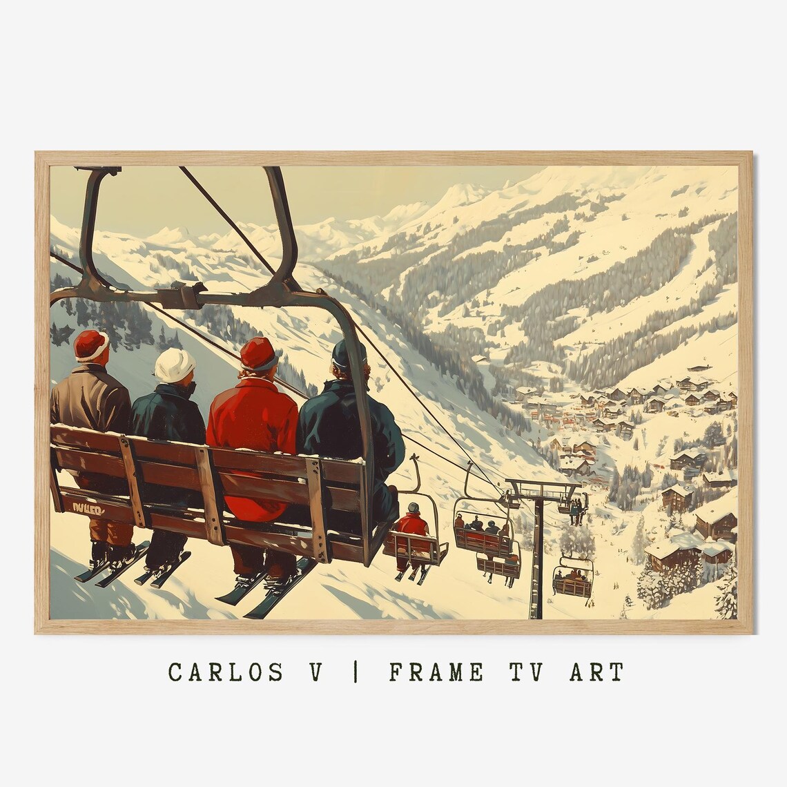 Skiers Riding Chairlift Overlooking Snowy Village Valley Poster