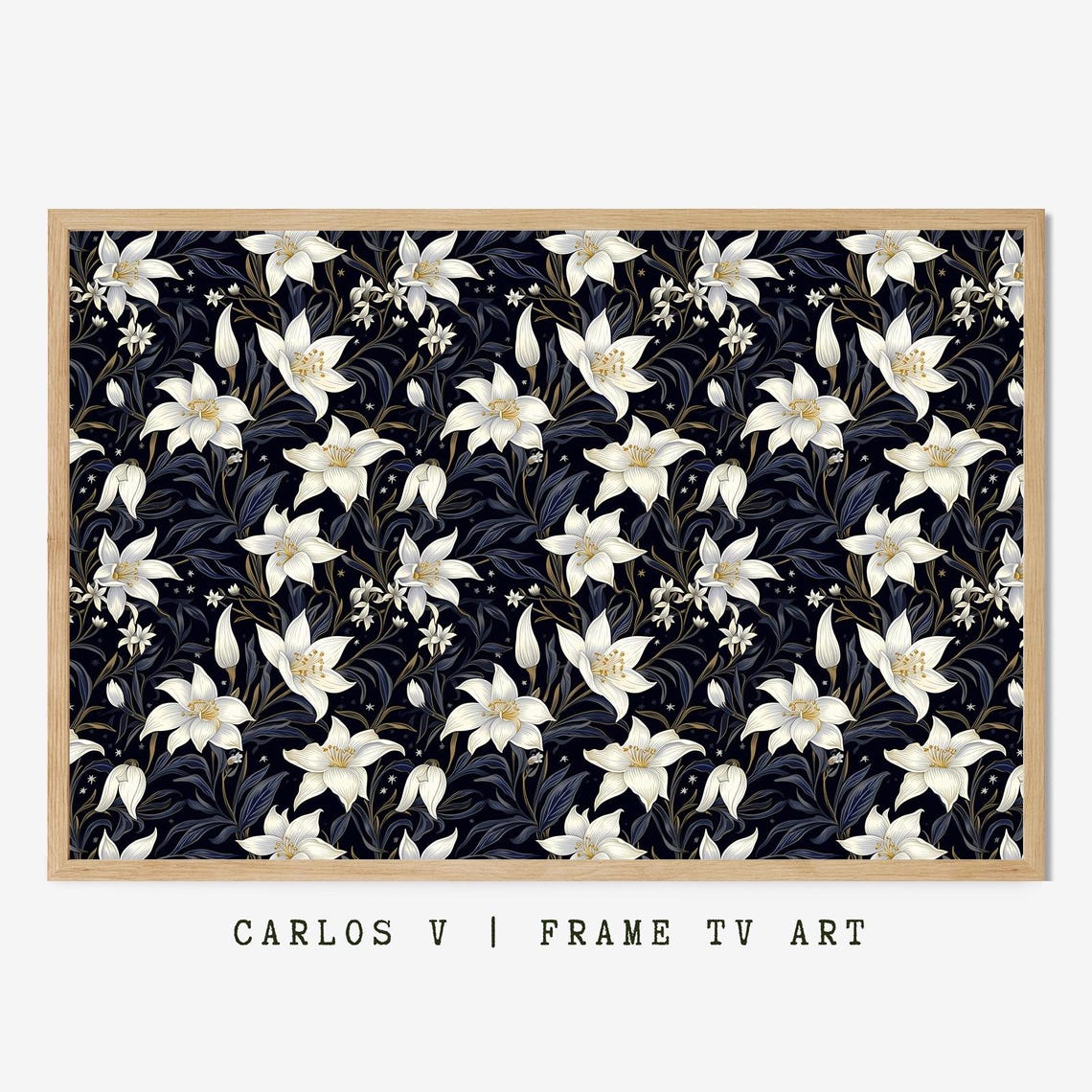 Elegant White Lily Pattern on Midnight Black Botanical Wall Art