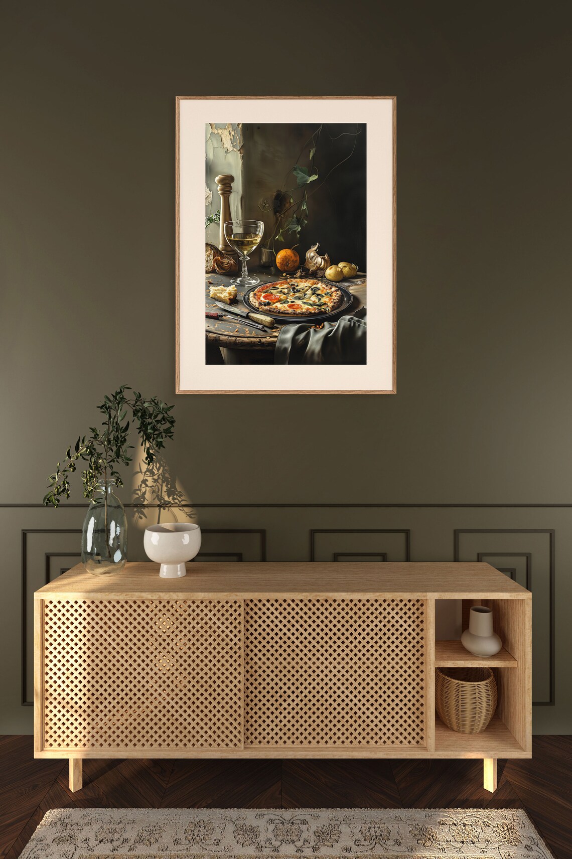 Moody Pizza Still Life With Wine Vintage Dark Oil Painting Poster - Image 2