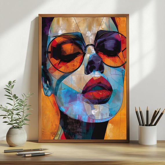 Abstract Woman Face Art Print Figurative Painting Print Vibrant Geometric Wall Decor Colorful Portrait Painting Modern Expressionist