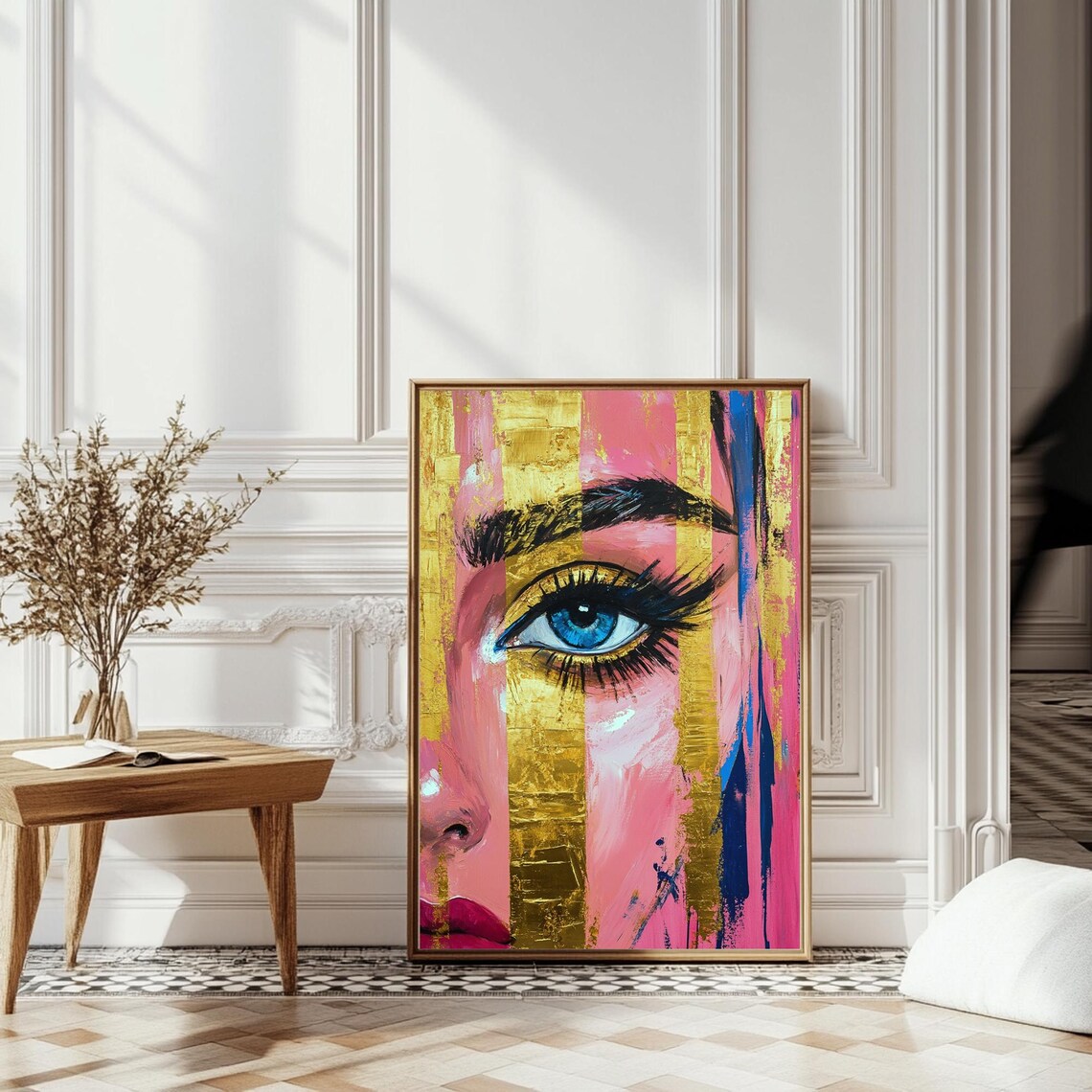 Blue Eye Close Up Gold And Pink Abstract Woman Face Modern Portrait Poster - Image 3
