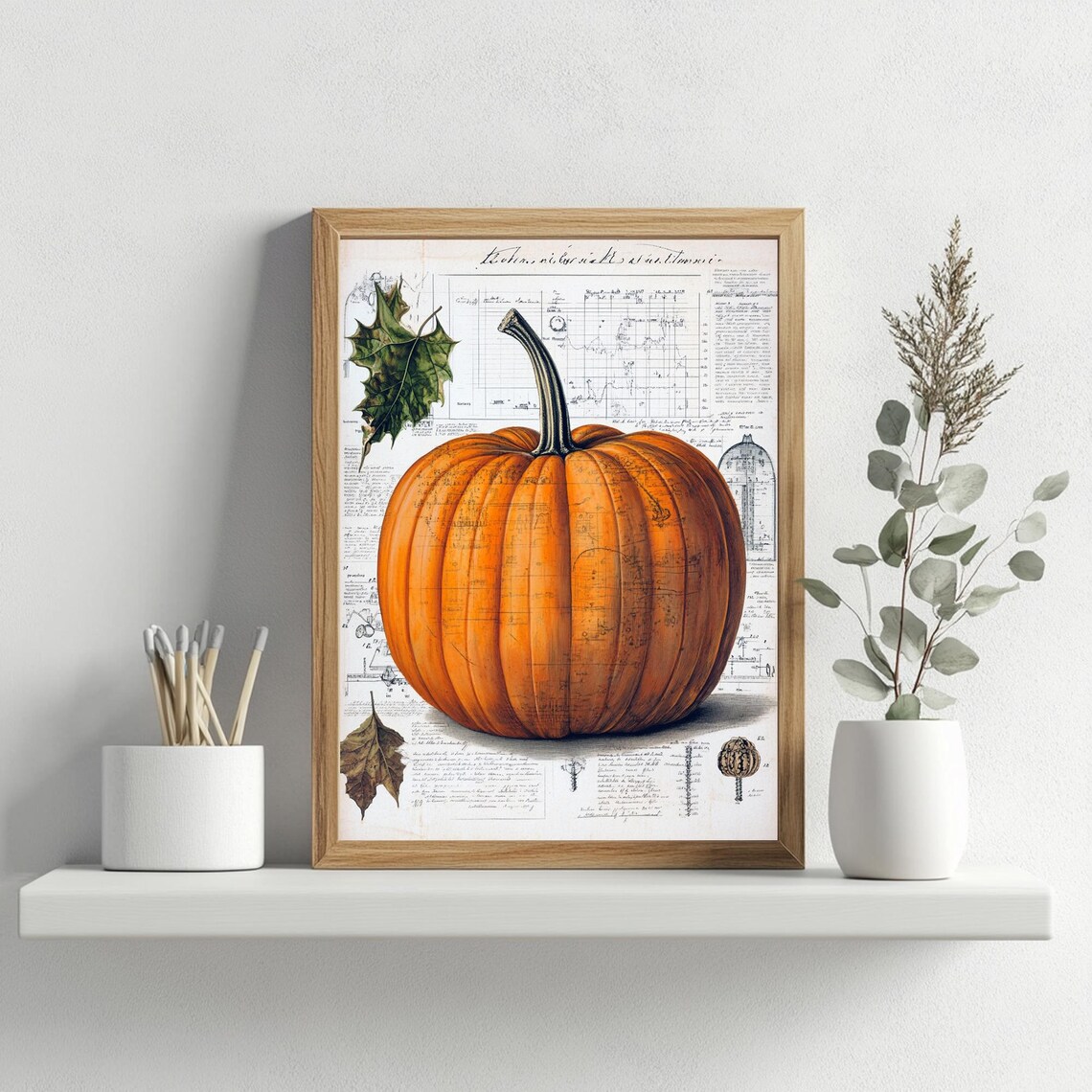 Large Orange Pumpkin On Vintage Manuscript Autumn Kitchen Poster - Image 3
