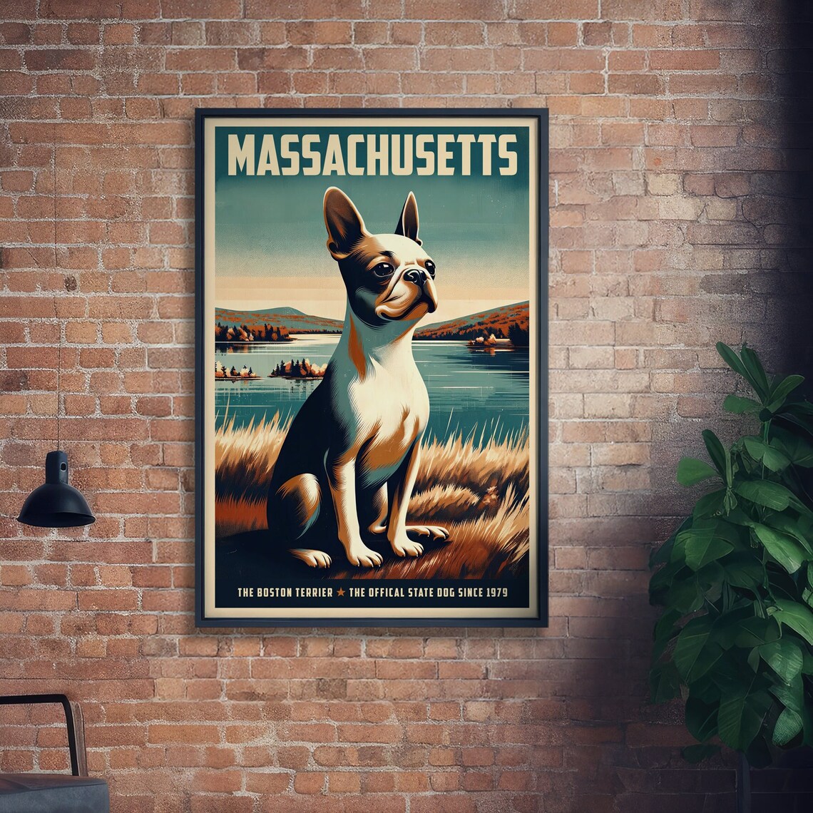 Massachusetts Boston Terrier Lakeside Sunset Vintage Dog Poster