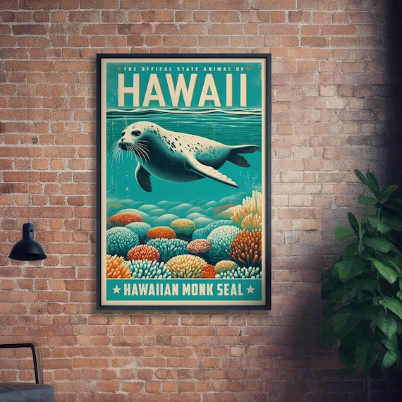 Hawaii State Animal Vintage Prints Hawaiian Monk Seal Print At Home Wall Art Art Nature Gift Posters