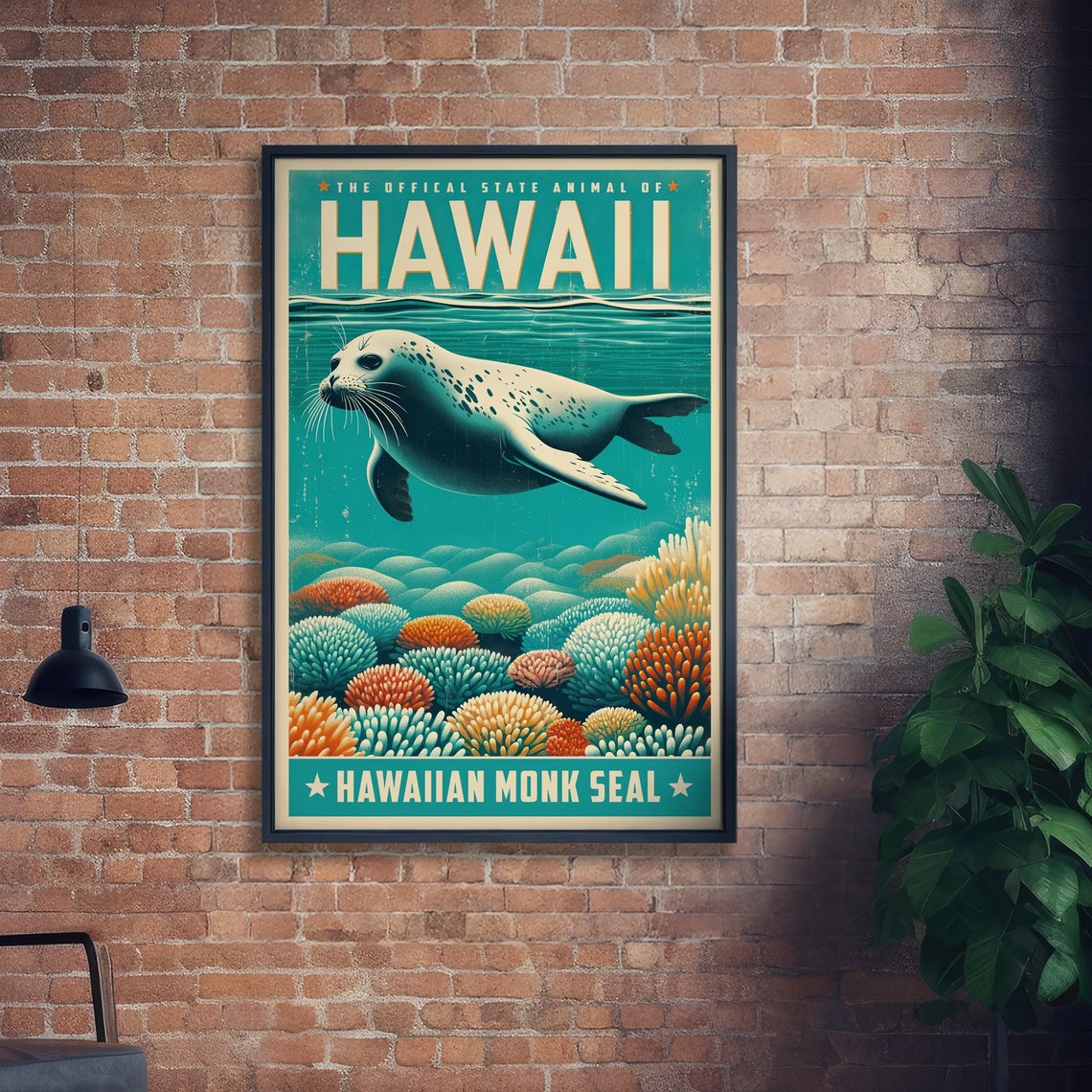 Hawaiian Monk Seal Hawaii State Animal Coral Reef Vintage Poster