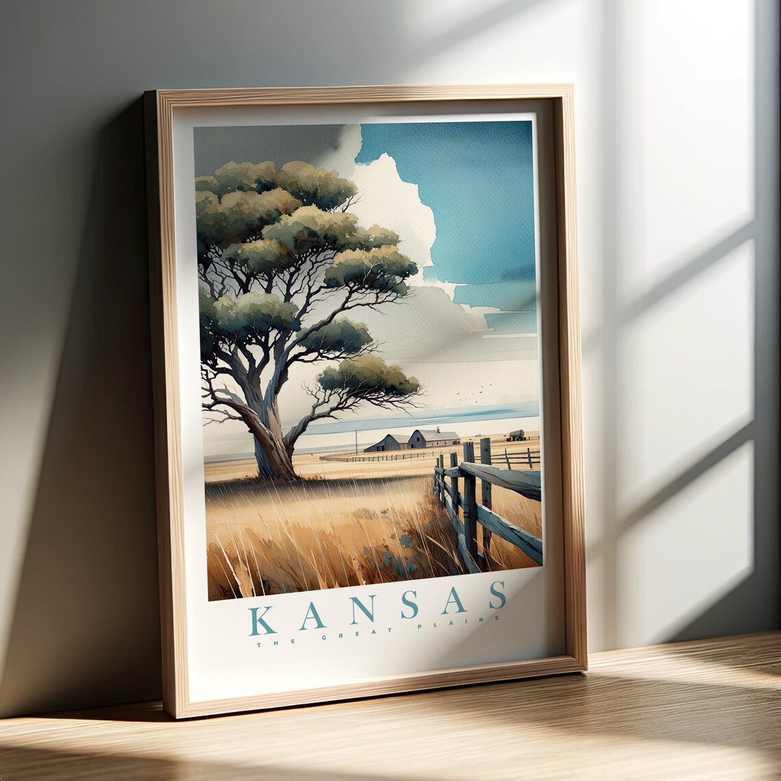 Kansas Great Plains Prairie Farmstead Watercolor Landscape Poster
