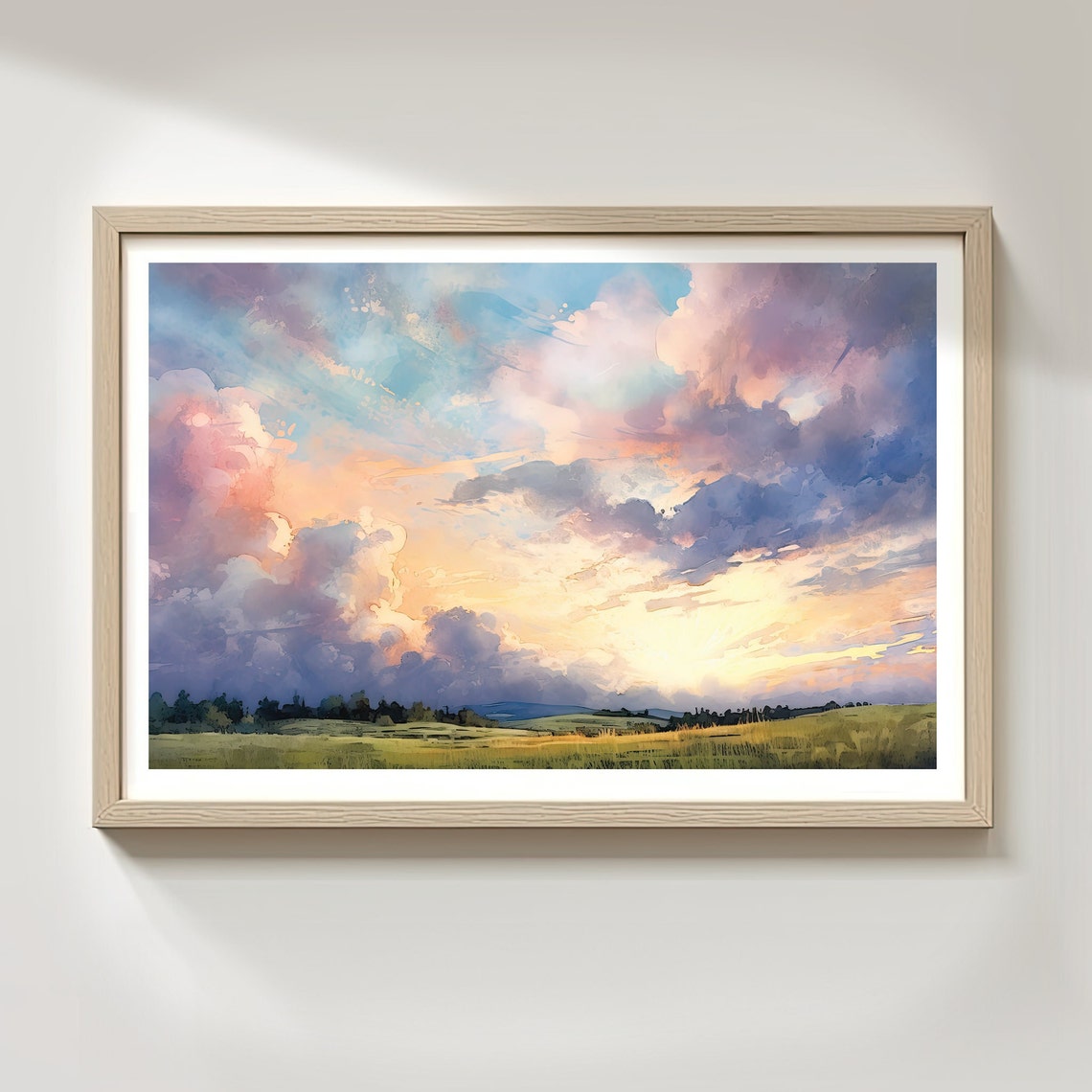 Pastel Watercolor Sunset Cloudscape Over Green Meadow Landscape Poster