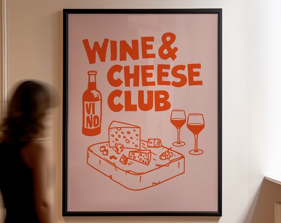 Wine and Cheese Club Red Cheese Board Vino Bottle Kitchen Poster