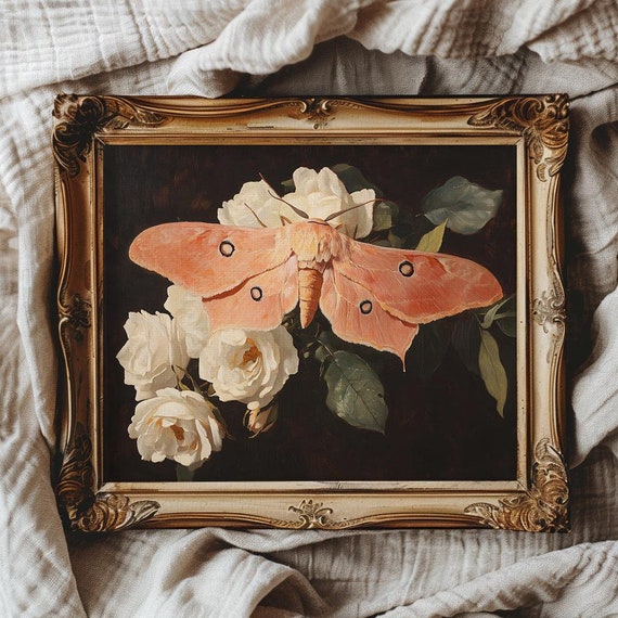 Pink Moth Moth Painting Print Pink Wall Art Vintage Moth Print Dark Cottagecore Wall Art Dark Academia Decor For Laundry Room Art