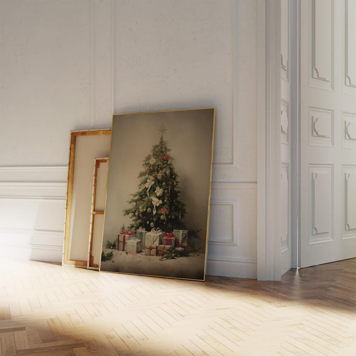 Neutral Vintage Christmas Tree With Gifts Beige Minimal Poster - Image 3