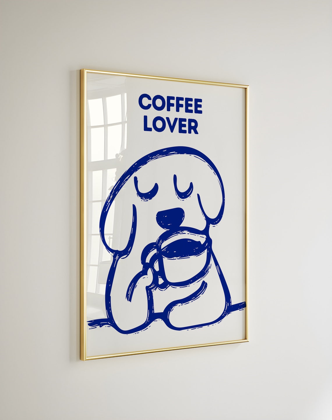 Cute Blue Line Art Coffee Lover Dog With Big Mug Kitchen Poster - Image 2