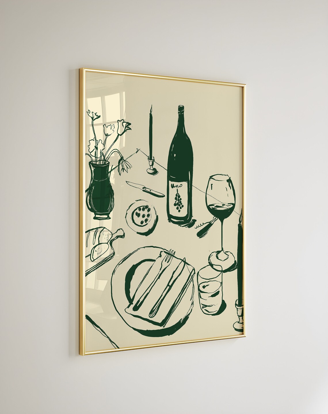 Green Ink Italian Table Setting Vino Bottle Rustic Wine Art Poster - Image 4