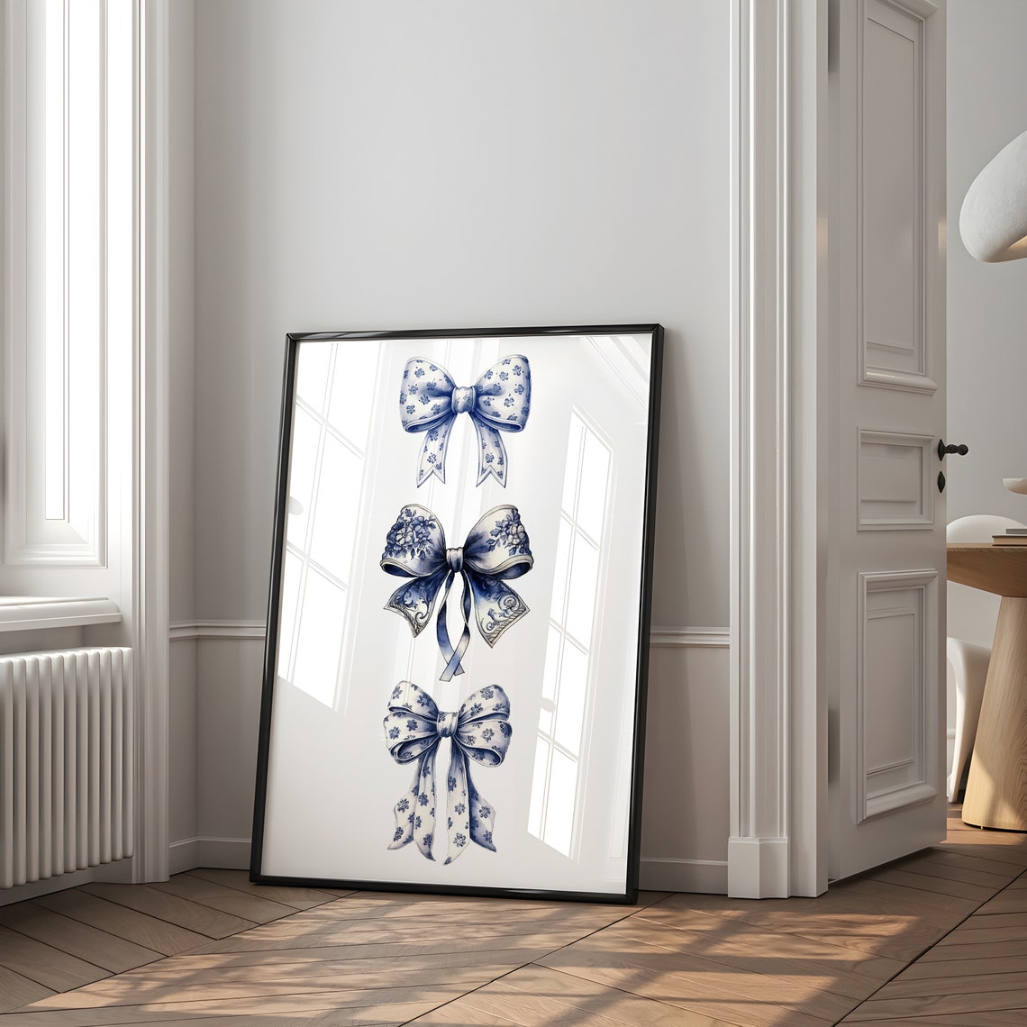 Blue Floral Porcelain Bows Vertical Trio Watercolor Art Poster - Image 3