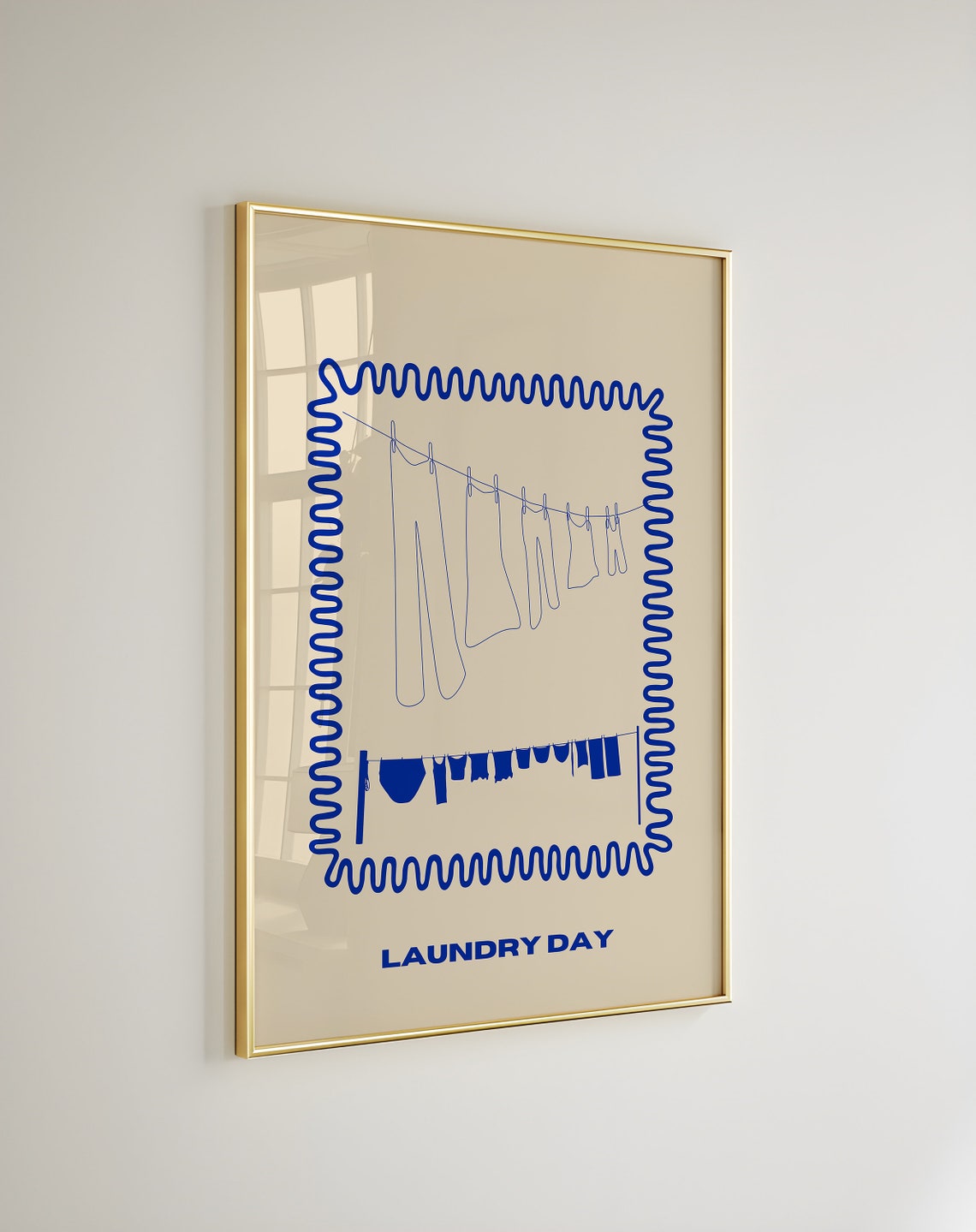 Laundry Day Blue Line Drawing Clothesline Wavy Border Poster - Image 3