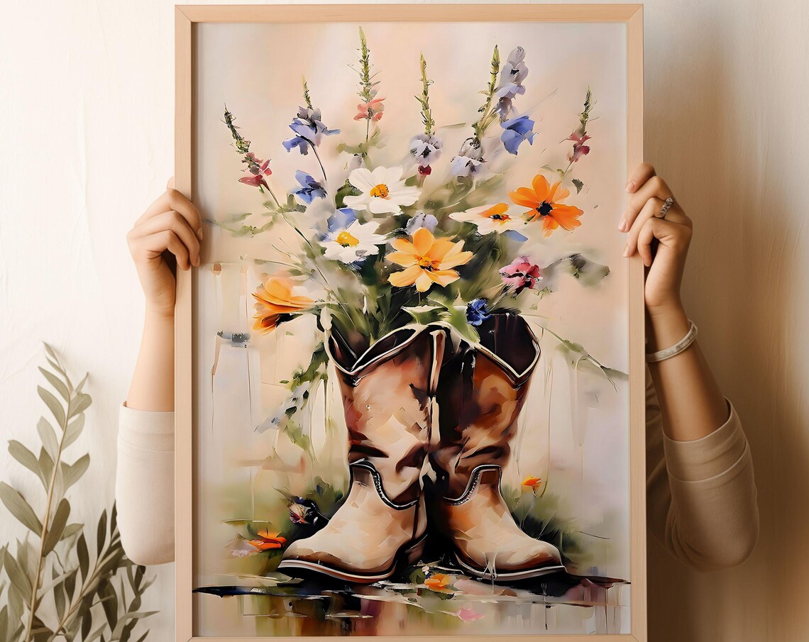 Cowgirl Boots Wildflower Bouquet Rustic Western Watercolor Poster