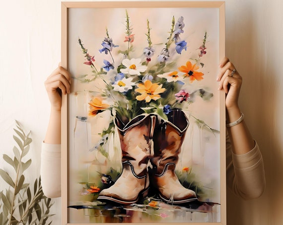 Cowgirl Boots Art Neutral Floral Western Nursery Wall Art Print Coastal Cowgirl Aesthetic Poster Dorm Boho