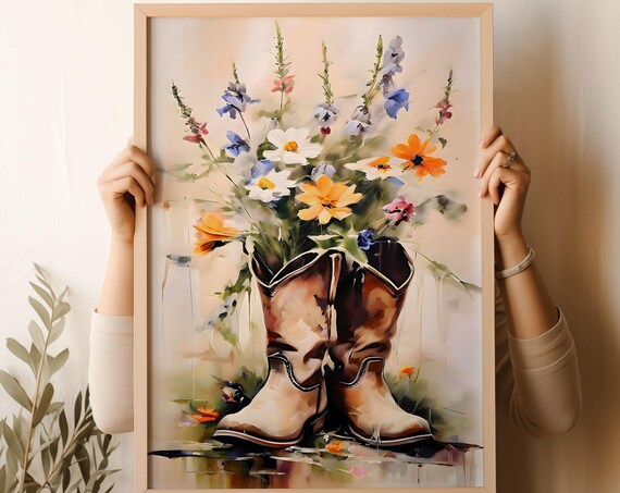 Cowgirl Boots Wildflower Bouquet Rustic Western Watercolor Poster