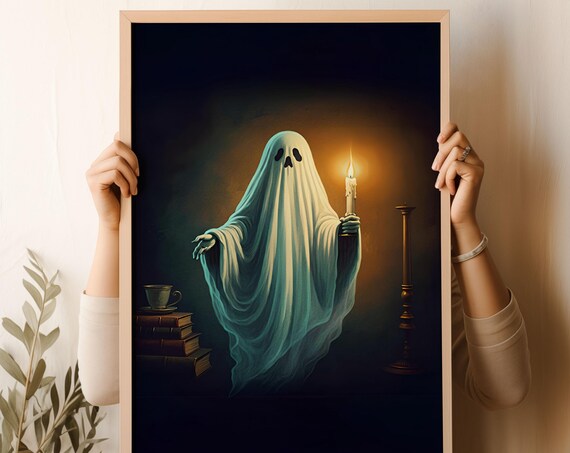 Ghost Holding A Candle Dark Vintage Oil Painting Halloween Poster