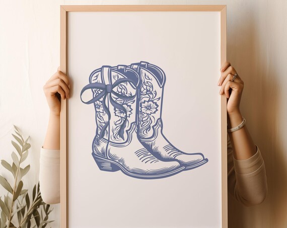 Navy Blue Cowgirl Boots Bow Illustration Western Girly Wall Art