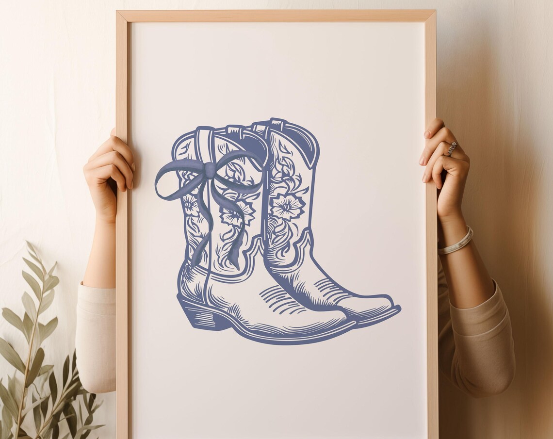 Navy Blue Cowgirl Boots Bow Illustration Western Girly Wall Art