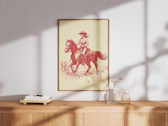 Vintage Cowgirl Riding Horse Red Line Western Rodeo Art Poster