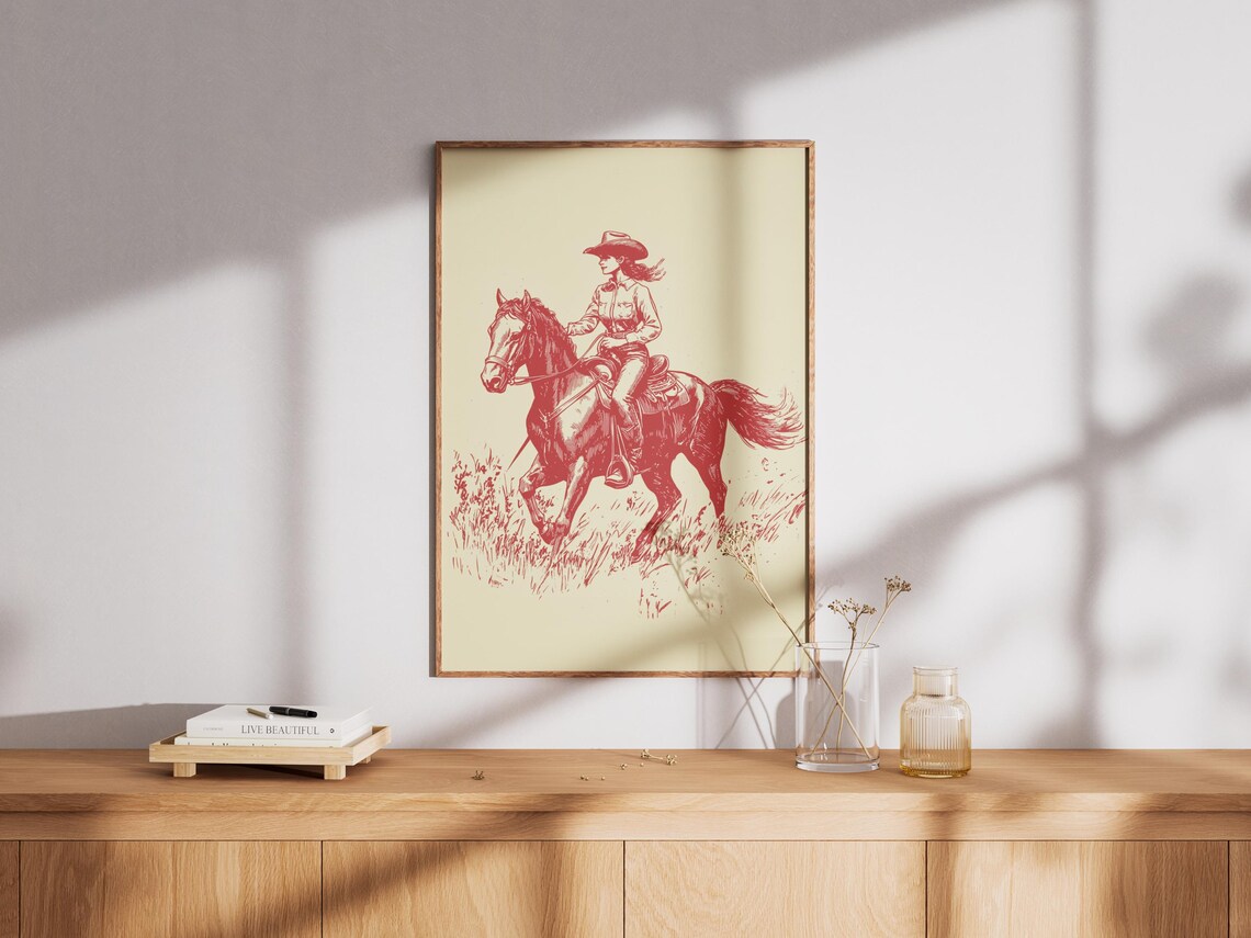 Vintage Cowgirl Riding Horse Red Line Western Rodeo Art Poster