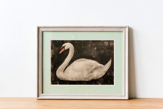 White Swan Painting Vintage Art Print Feminine Wall Dark Academia Decor