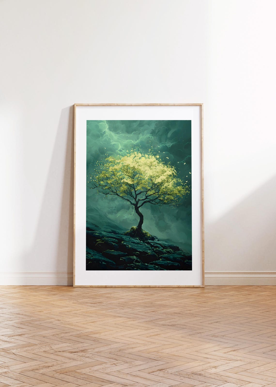 Golden Yellow Tree Mystical Dark Storm Sky Rocky Ledge Poster - Image 2