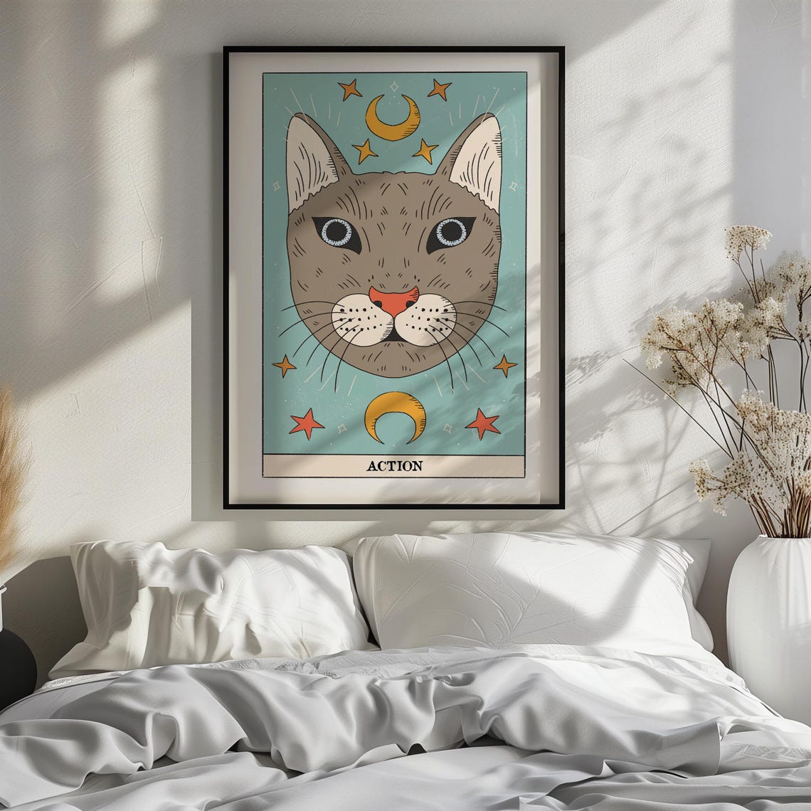 Action Tarot Card Art with Mystical Cat and Celestial Moons Poster - Image 2