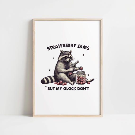 Funny Vintage Raccoon Wall Art Poster Strawberry Jams But My Glock Dont Quote Wall Print Trendy Humorous Animal Art Cowboy Raccoon Art