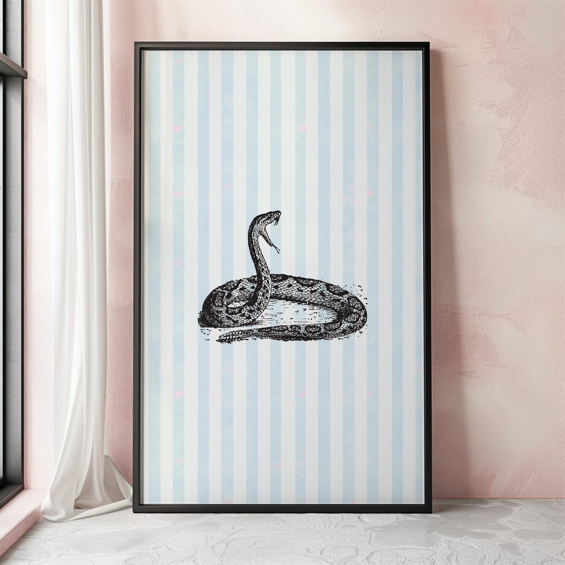Vintage Engraved Snake Illustration Blue Striped Coastal Wall Art - Image 3