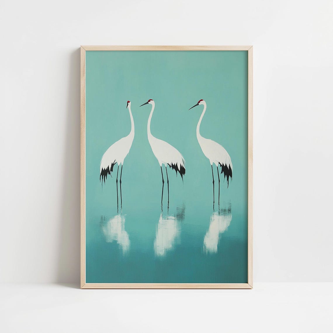 Three White Cranes Standing In Turquoise Water Japandi Poster