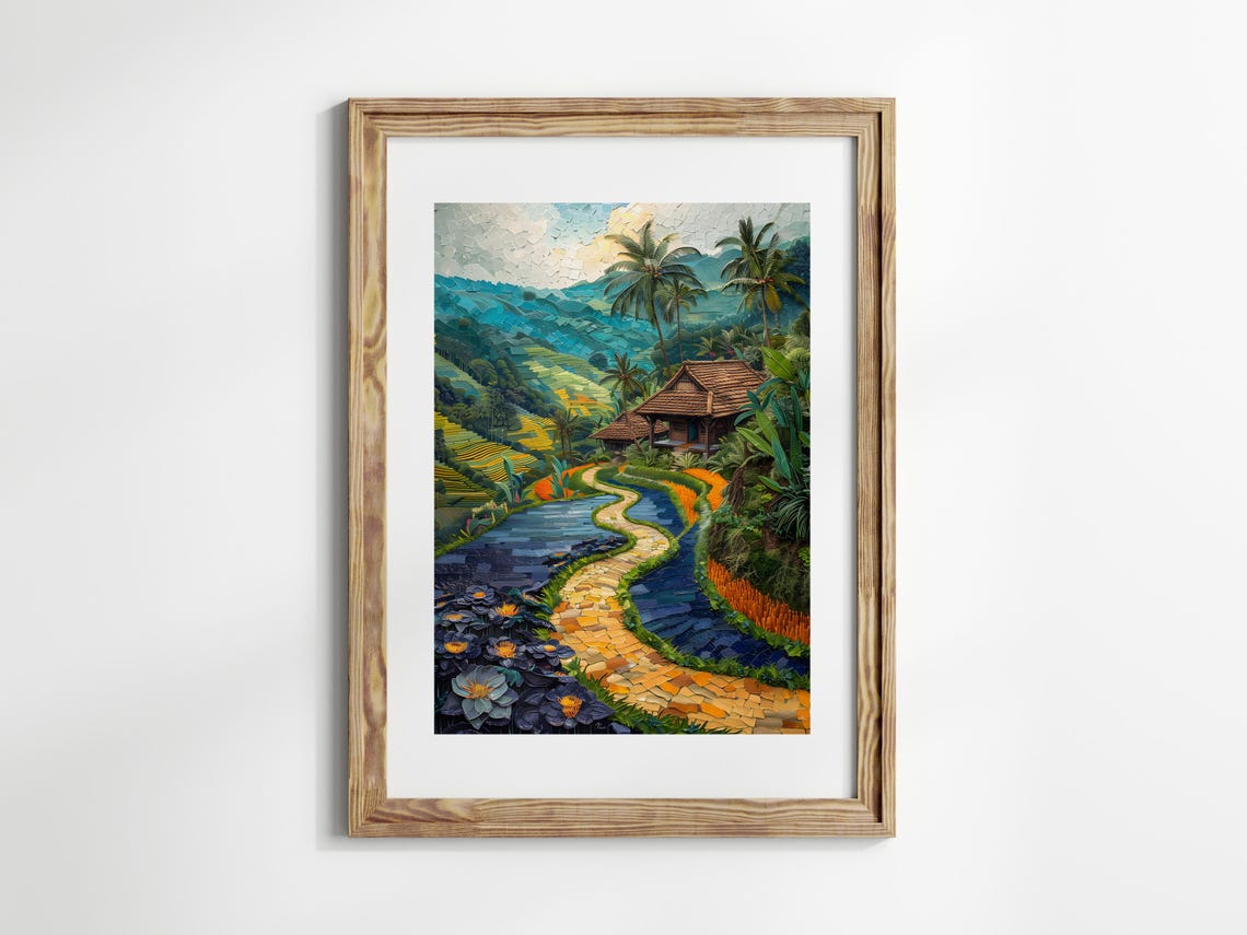 Bali Rice Terrace Mosaic Balinese Winding Hut Path Paradise Poster - Image 2