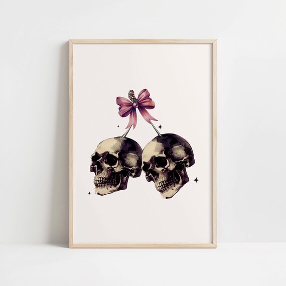 Coquette Skulls Pink Bow Cherry Halloween Vintage Style Art Print